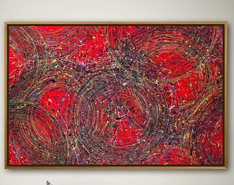 Original Red Circle Acrylic Painting on Canvas: Large Modern Abstract Wall Art