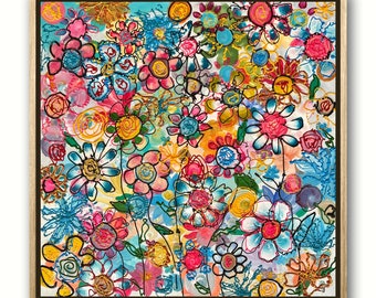 Original Floral Acrylic Painting: Colorful Abstract Flower Artwork, 31x31 Canvas