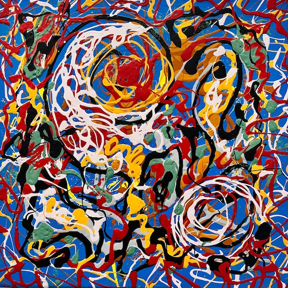 キャンバスに描かれたオリジナルのカラフルな抽象アクリル画（12 x 12