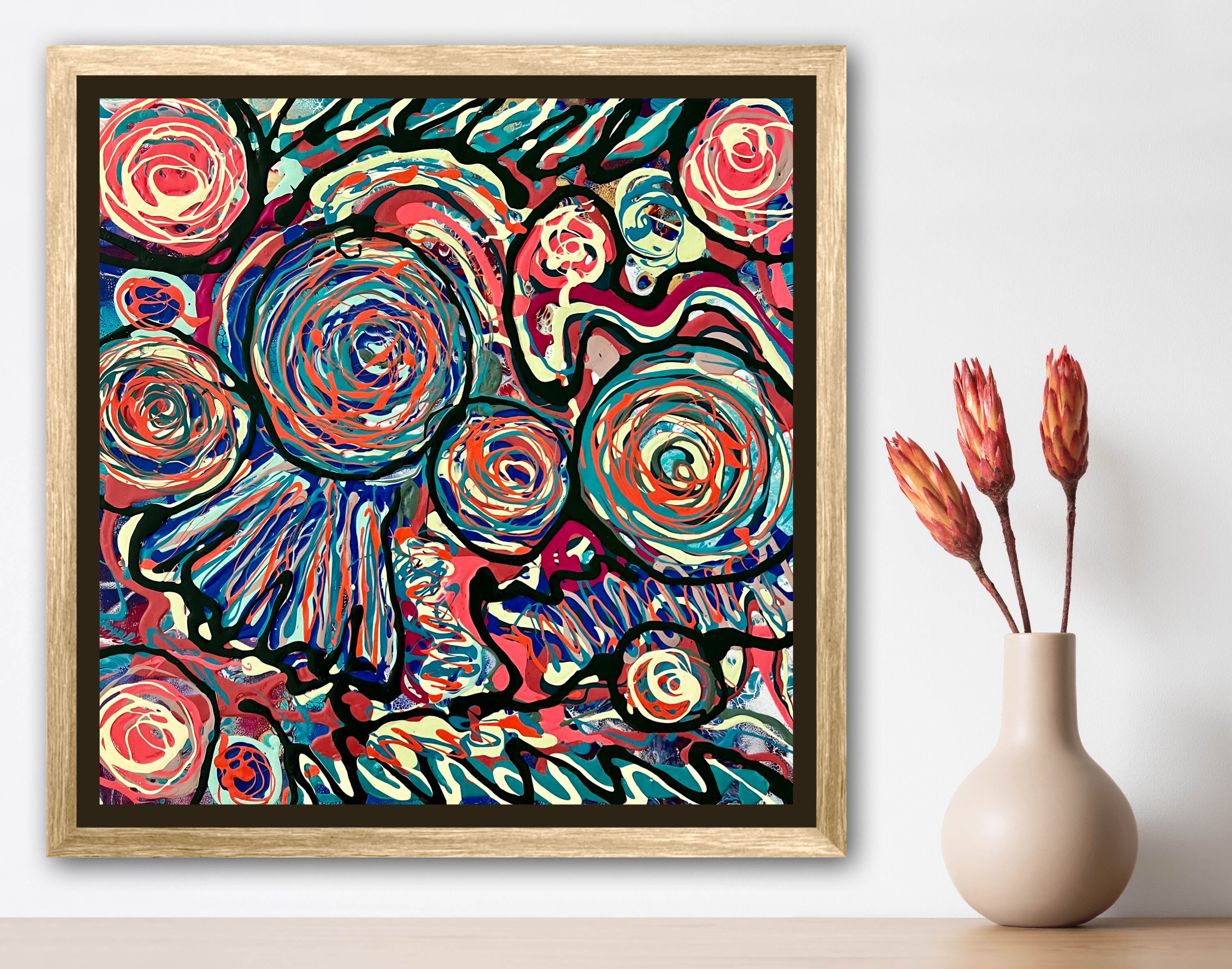 モダン抽象アクリル画：16x16インチのキャンバスウォールアート - Etsy