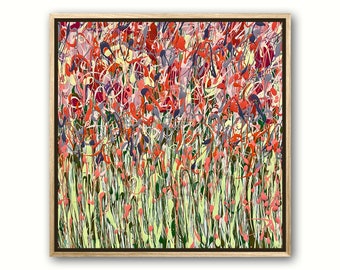Original Floral Painting on Canvas: Abstract Flower Field Art (15x15 inches)