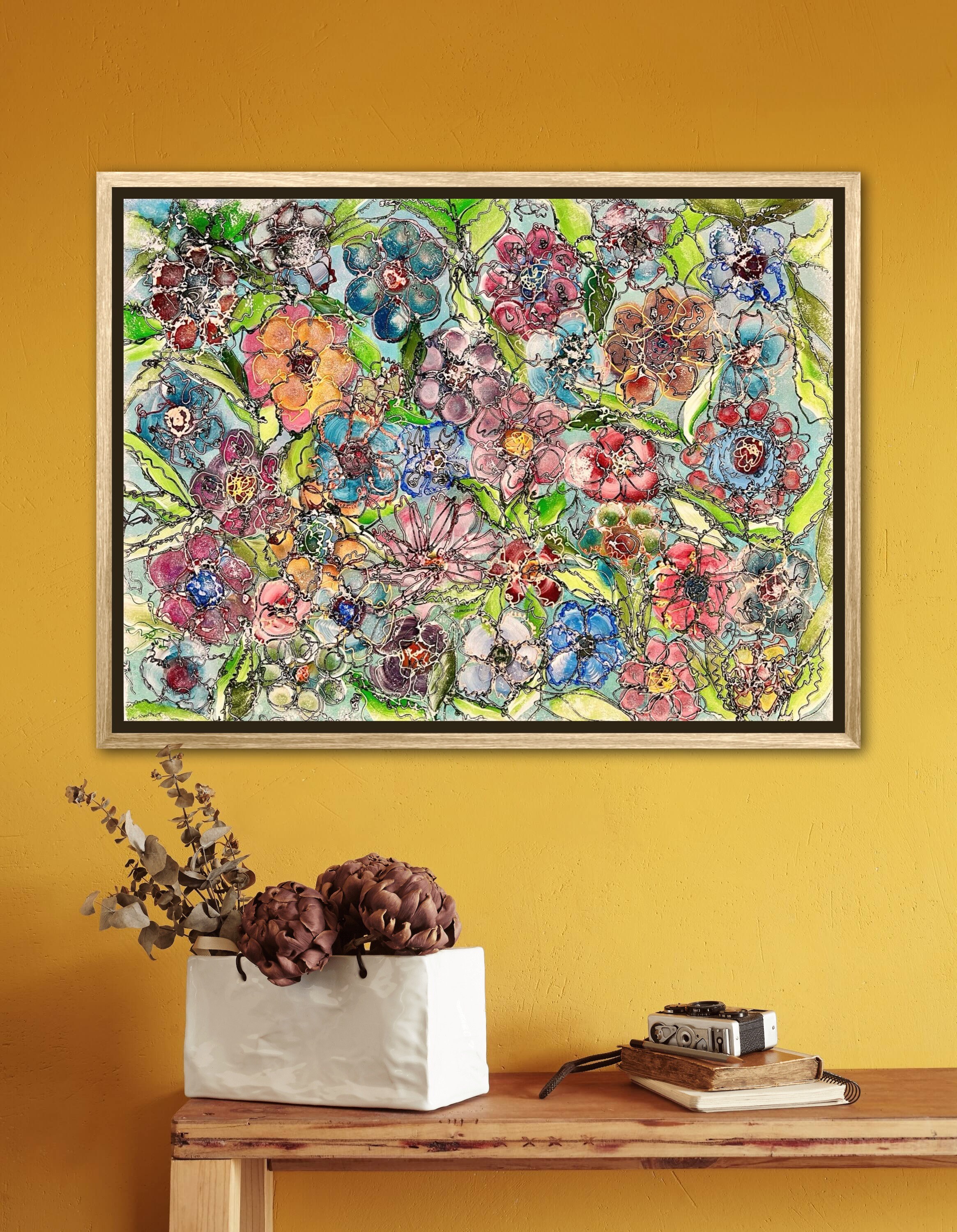 テクスチャードフラワーペインティング：モダンアブストラクトアクリル