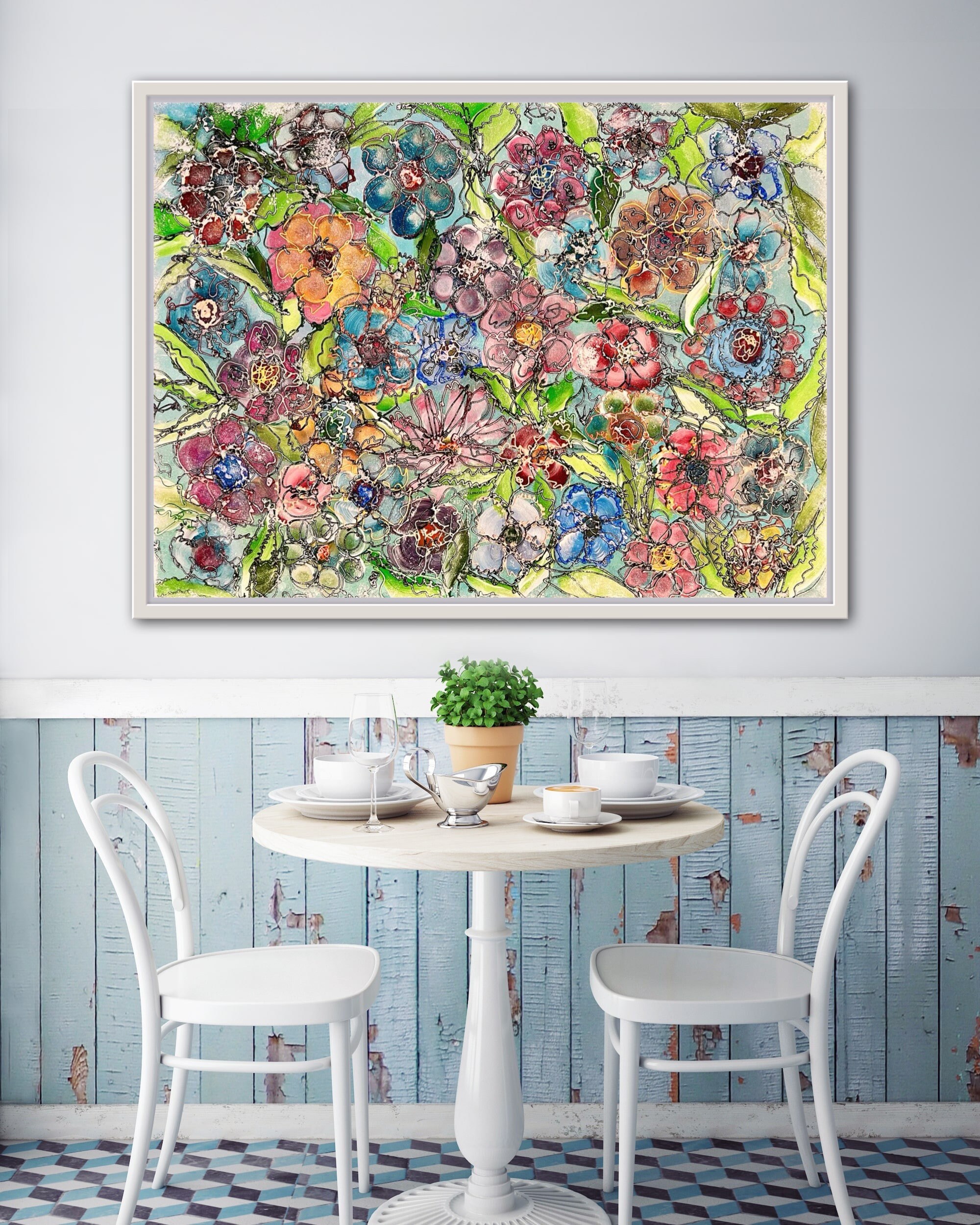 テクスチャードフラワーペインティング：モダンアブストラクトアクリル