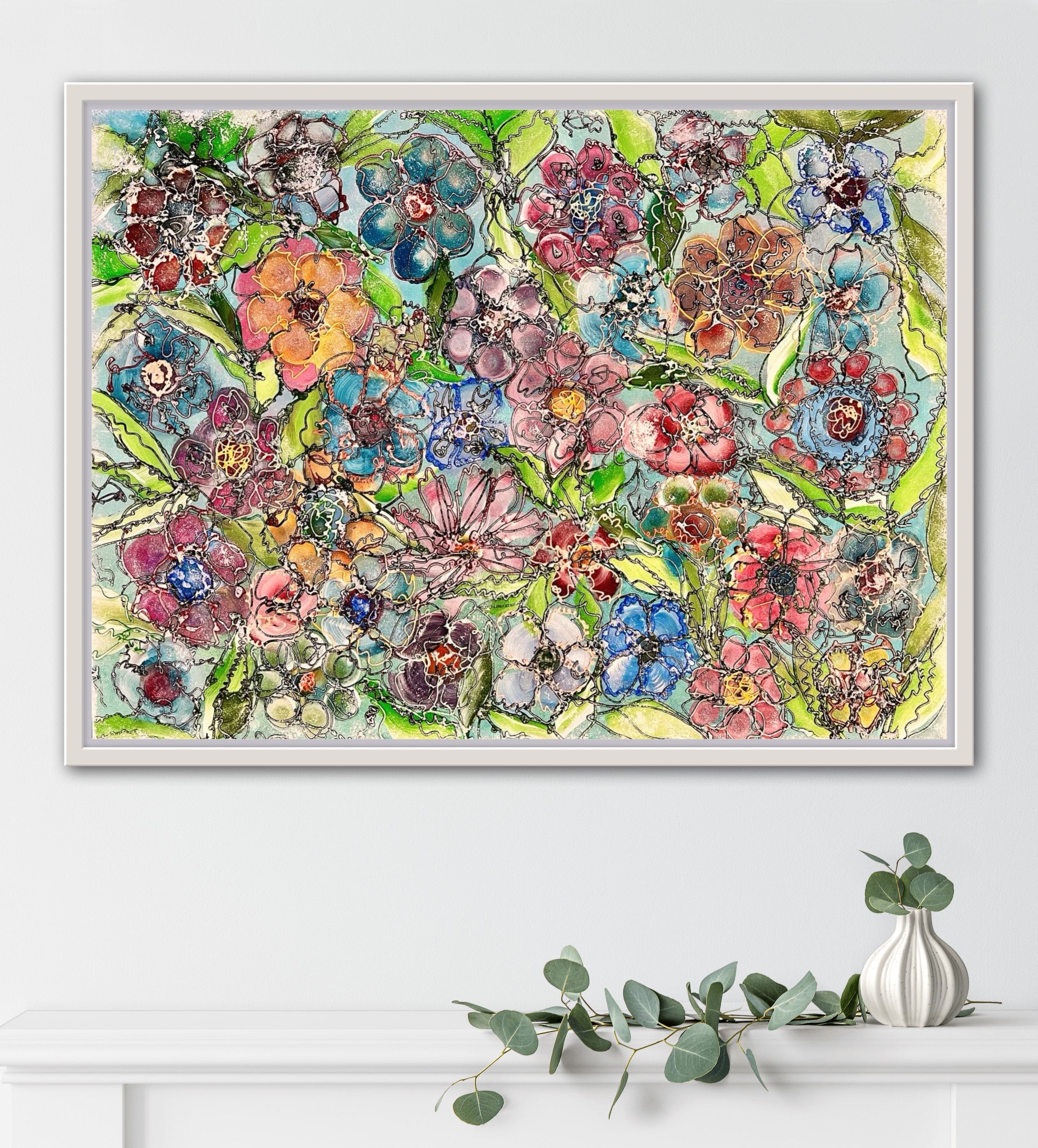 テクスチャードフラワーペインティング：モダンアブストラクトアクリル