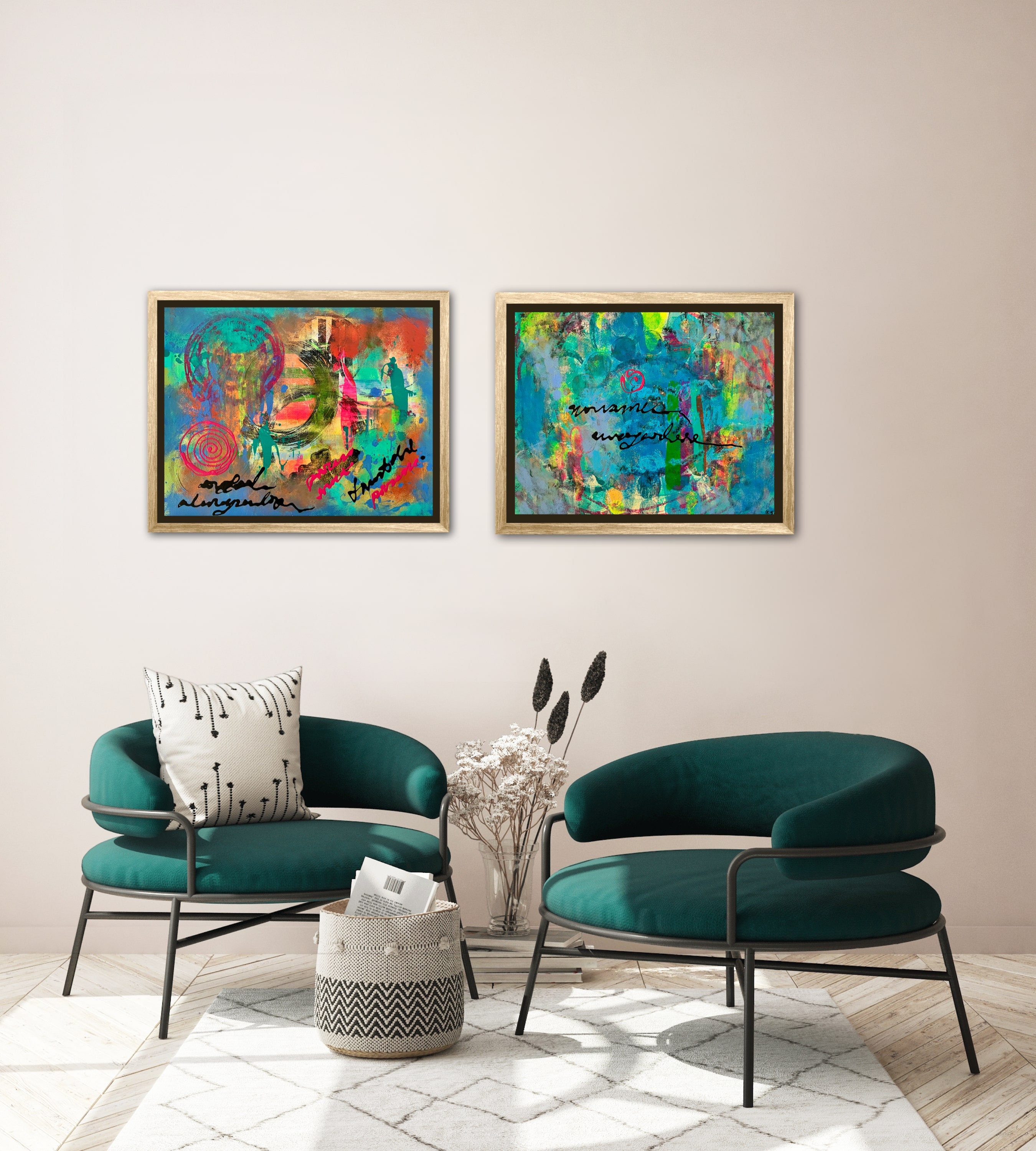 ☆抽象画、現代絵画、モダンアート、インテリア絵画、アクリル絵画 抽象アクリル絵画セット：カラフルなモダンウォールアート（16x19