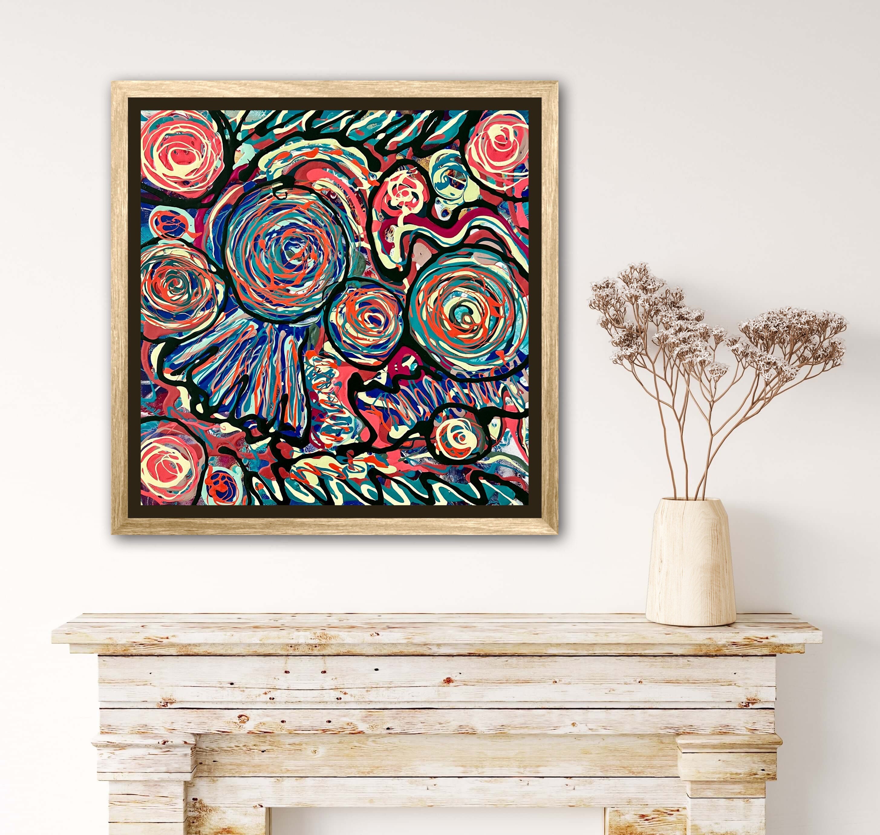 モダン抽象アクリル画：16x16インチのキャンバスウォールアート - Etsy