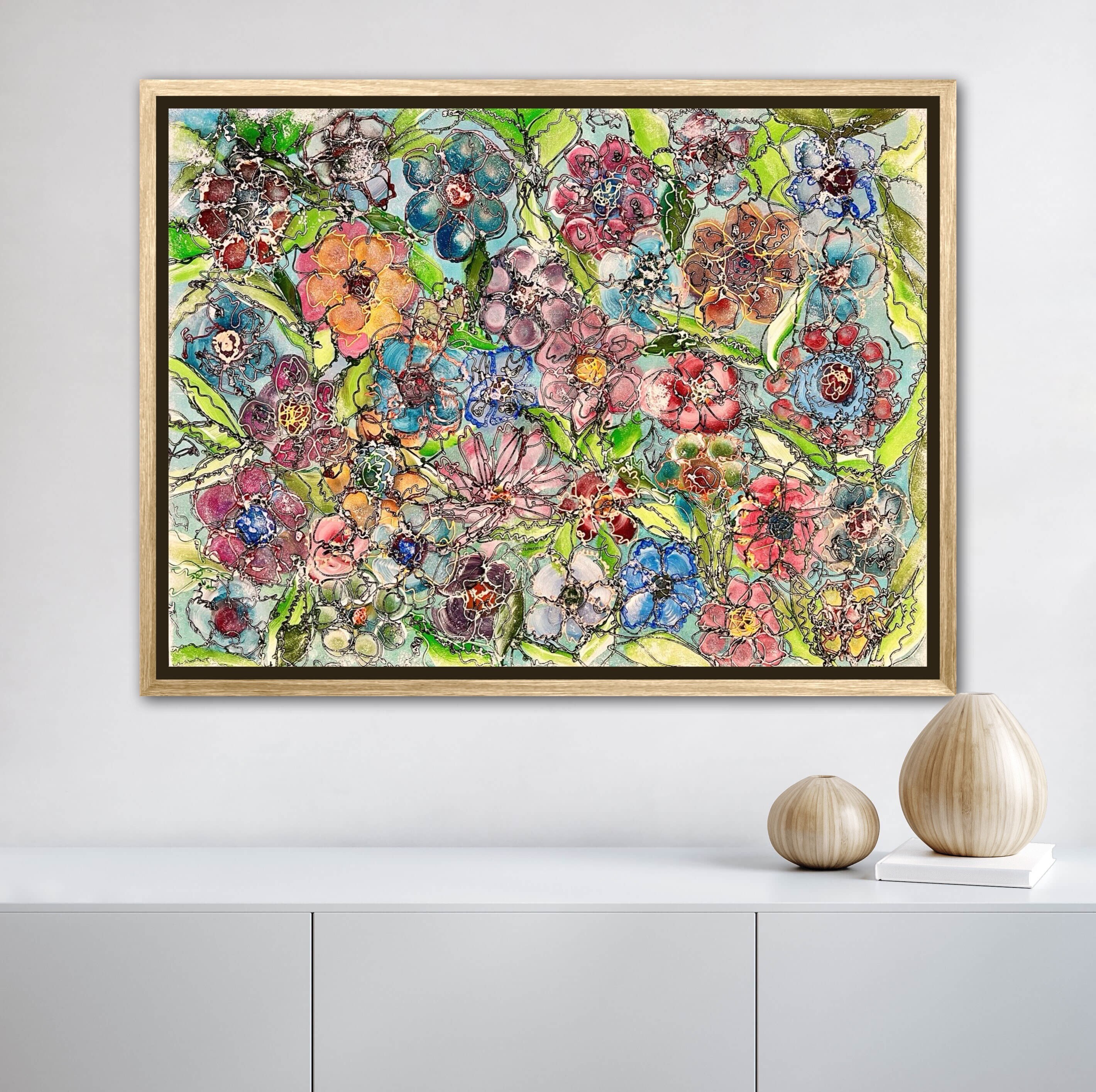 テクスチャードフラワーペインティング：モダンアブストラクトアクリル