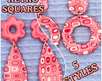 Retro Squares Polymer Clay Earrings: 60s 70s Hippie Dangle