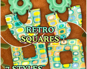 Retro Squares Polymer Clay Earrings: 60s 70s Hippie Dangle