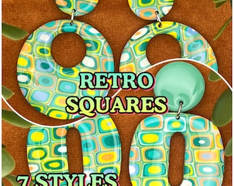 Retro Squares Polymer Clay Earrings: 60s 70s Hippie Dangle