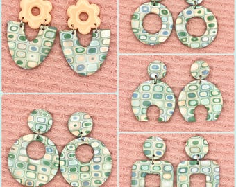Retro Squares Polymer Clay Earrings: 60s 70s Boho Hippie Dangle