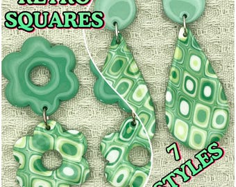 Retro Green Squares Polymer Clay Earrings: 60s 70s Hippie Style