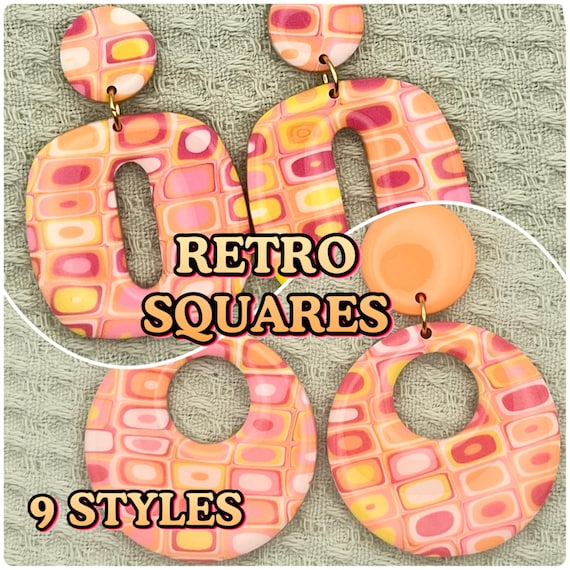 Retro Squares Polymer Clay Earrings: 60s 70s Hippie Dangle