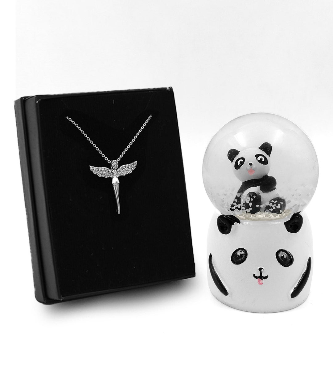 Cute Panda Snow Globe & Silver Color Angel Necklace Gift Set - Etsy