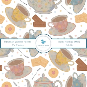 Vintage Tea Party Seamless Pattern – Floral Teacups & Biscuits | Cottagecore Kitchen Design
