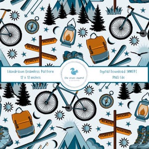 May include: A seamless pattern featuring hand-drawn outdoor adventure icons including blue bicycles, orange backpacks, compasses, lanterns, hiking boots, skis, mountains, and signposts labeled Beach, Moors, Mountains, and Forest on a light background.