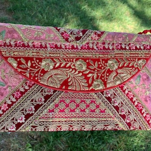 Gota Patti Patchwork Clutch -Indian Wedding Purse - Red & Gold Silk Hand Embroidered- Floral Zari Clutch Bag -Ethnic Boho Pom Pom Bag