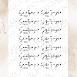 Op de afbeelding: Een vel met 10 wrijf-op stickers met de tekst "Schutzengel für dich" (Beschermengel voor jou) in een cursief schrift. Elke sticker heeft een klein hartje.