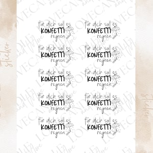 Può includere: Foglio di adesivi a sfregamento con il testo tedesco "für dich soll es KONFETTI regnen" in scrittura nera. Ogni adesivo presenta un ombrello e una grafica della pioggia. Lo sfondo è bianco con un sottile design beige.