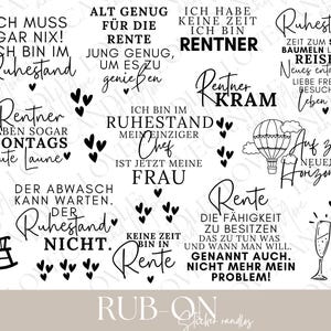 Könnte beinhalten: Eine Sammlung von schwarz-weißen Textdesigns mit Sätzen über den Ruhestand, wie "Ich bin im Ruhestand" und "Keine Zeit für den Ruhestand". Die Designs umfassen Herzen, einen Schaukelstuhl und einen Heißluftballon.