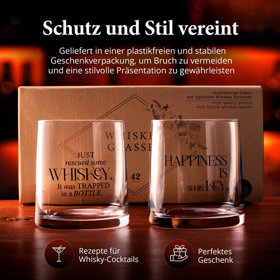Set 2 Verres à Whisky 350 Ml – Cadeau Homme Avec Phrases Drôles, Handmade, Recettes Incluses, Emballage Cadeau