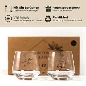 Gin Tonic Gläser 2er Geschenkset mit typischen Gin Sprüchen 400 ml Geeignet für große Eiswürfel Geschenkidee für Frauen und Männer Bild 2