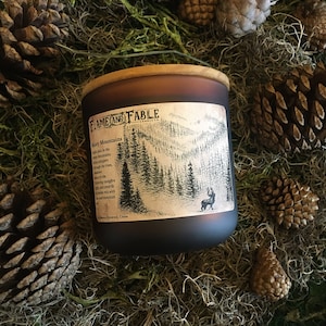 Misty Mountains Soy Wax Candle | Glass Amber Jar | Fir Forest Campfire Scented Candle | Dark Academia | Wood Wick |Fantasy RPG DnD | Holiday