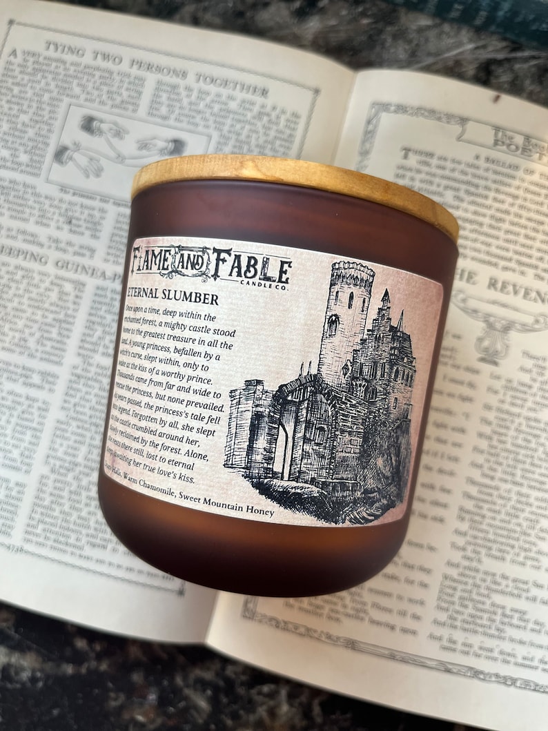 Eternal Slumber Soy Wax Candle Glass Amber Jar Abandoned Castle, Chamomile Scented Candle Dark Academia Wood Wick Fantasy Horror image 2