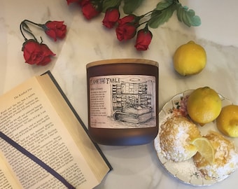 Belle's Library Soy Wax Candle | Glass Amber Jar | Roses and Books Scented Candle | Dark Academia | Wood Wick |Fantasy Bookish RPG