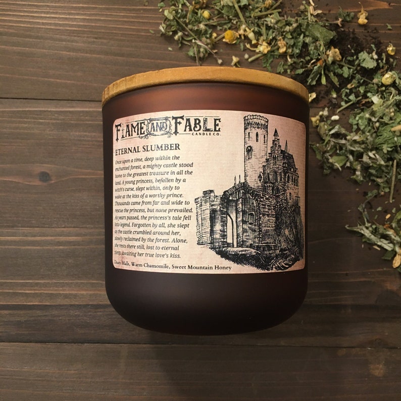 Eternal Slumber Soy Wax Candle Glass Amber Jar Abandoned Castle, Chamomile Scented Candle Dark Academia Wood Wick Fantasy Horror image 3