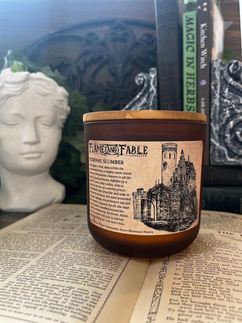 Eternal Slumber Soy Wax Candle Glass Amber Jar Abandoned Castle, Chamomile Scented Candle Dark Academia Wood Wick Fantasy Horror image 1