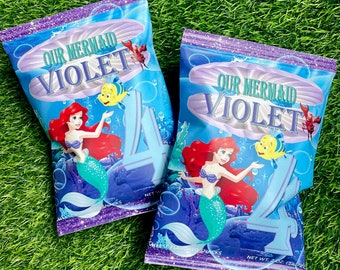Chip Bag Favors, Mermaid Custom Bags, Personalized Chip Bag, Digital Download, Party Favor, Little Mermaid Chip Bag Template, Ariel Mermaid