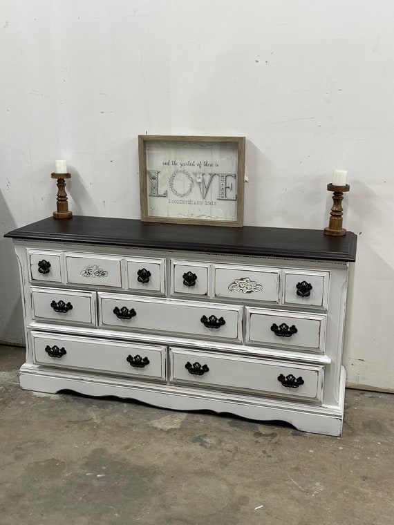 white dresser black top Sold! Do Not Purchase. Shipping is Included in the Price! White/distressed Multipurpose Piece/dresser/chest/christmas/bedroom Set or damage