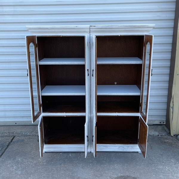 SOLD. Do not purchase. Price of item Includes Shipping. White Distressed Set of 2 Matching Cabinets/Living Room/Rustic/Shabby/ Bookcase