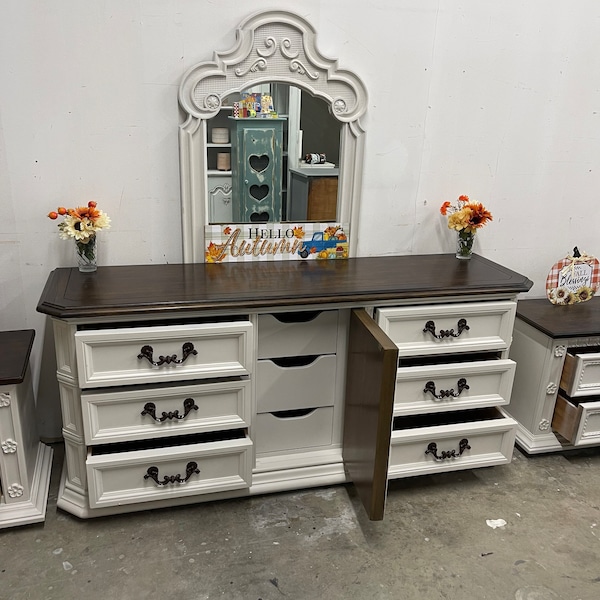 Sold! Do not purchase! Vanilla/Dark walnut triple dresser and 2 matching nightstands/Heavy solid wood