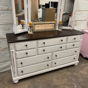 SOLD! sold! White Dresser /Chalk Painted /Stained/Distressed Dresser/Mirror/Bedroom