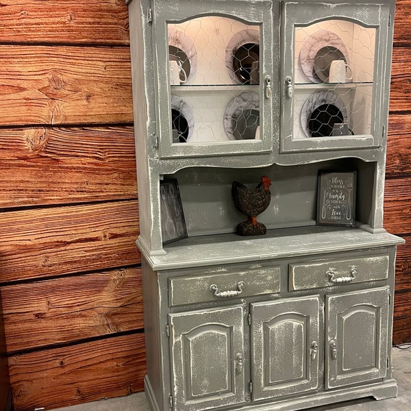 Sold!!! Free Shipping anywhere in the US!!! Gray/ Lighted China cabinet/Kitchen Cabinet. Gray/White/Rustic/Kitchen/2 piece/ wire mesh