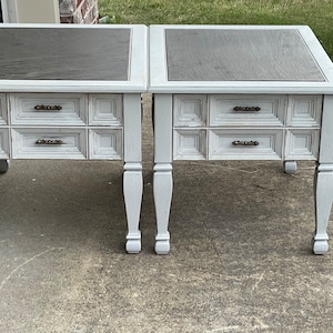 Sold! Do not purchase! Price includes Shipping. Set of 2 very light gray matching End Tables. Grey/Distressed