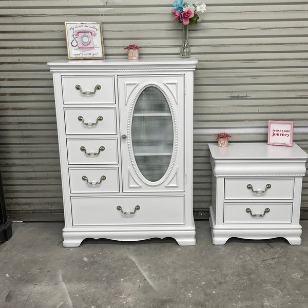 Sold! Do not purchase! Ultra white chest and matching nightstand. Simply adorable for a girl or nursery.