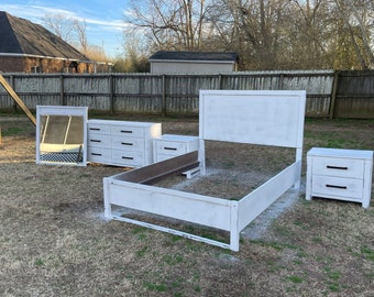 Sold! Do not purchase! White Distressed King Size Panel bed set/Farmhouse/Gray/Console/French Bedroom Set