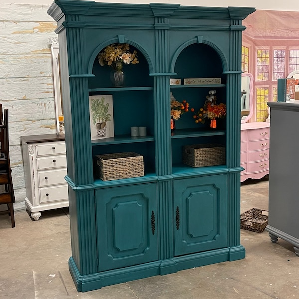 SOLD! Free Shipping anywhere in the US! Teal Colored Glazed Huge Media Center/Bookcase/Cabinet/Turquoise/White/Gray/Credenza/White/Nursery