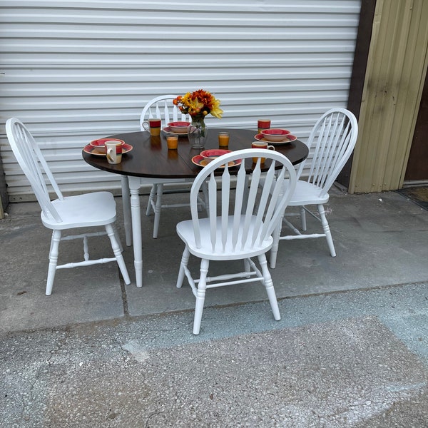 SOLD! 3 Piece Farmhouse Dining Set. White with Stained Top. Perfect Dining Set For A Shabby Kitchen.