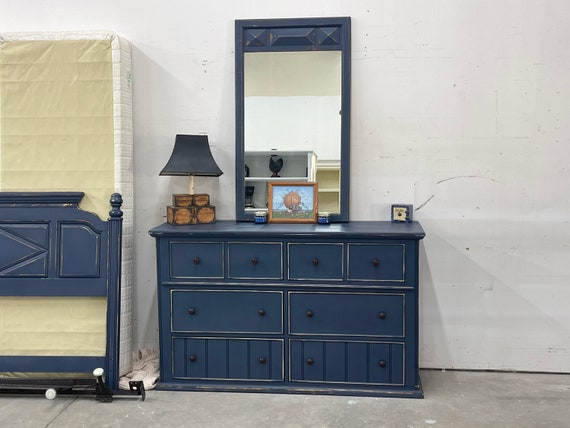 bedroom with blue dresser Blue Geometric Patterned 3-Drawer Dresser main image 1