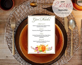 Fall Harvest Dinner Party Thanksgiving Menu, Edit, Download and Print