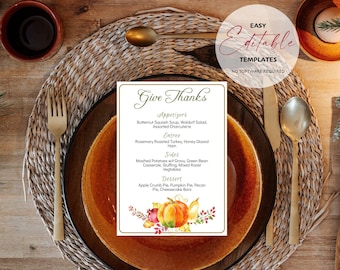 Thanksgiving Harvest Holiday Menu Bundle | Editable and Printable | Menu, Place Cards, Signs | Digital Download