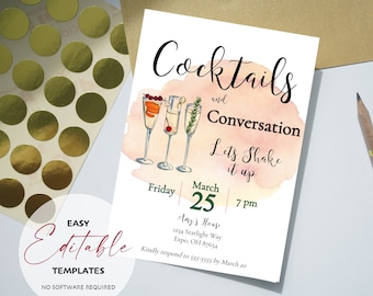 Printable Cocktails und Conversation Party Einladung Vorlage | Bearbeiten, Herunterladen und Drucken