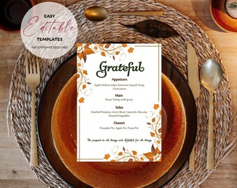Thanksgiving Grateful Fall Holiday Menu Bundle | Editable and Printable | Invitation, Menu, NameCards & Signs | Digital Download