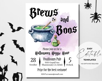Printable Brews and Boos Halloween Happy Hour Party Invitation, Edit, Download, Print and Send