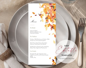 Printable Autumn Leaves Thanksgiving Fall Menu Template, Edit, Download, Print & Share