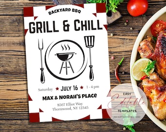 Druckbare 'Grill & Chill' Grill Einladungsvorlage | Bearbeiten, Herunterladen und Drucken